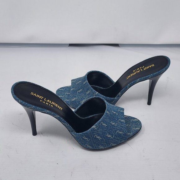 SAINT LAURENT Blue Denim Logo Print La 16 Open Toe Mule Sandal - Picture 9 of 10